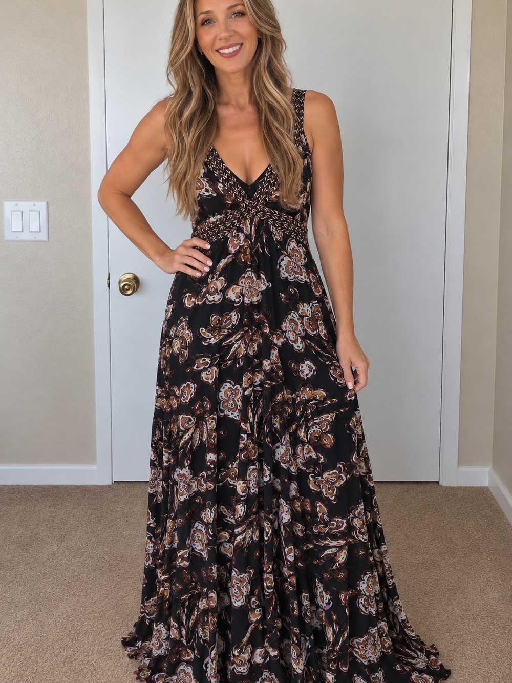 INC International Concepts Black Maxi Dress with Brown and Cream Floral Print